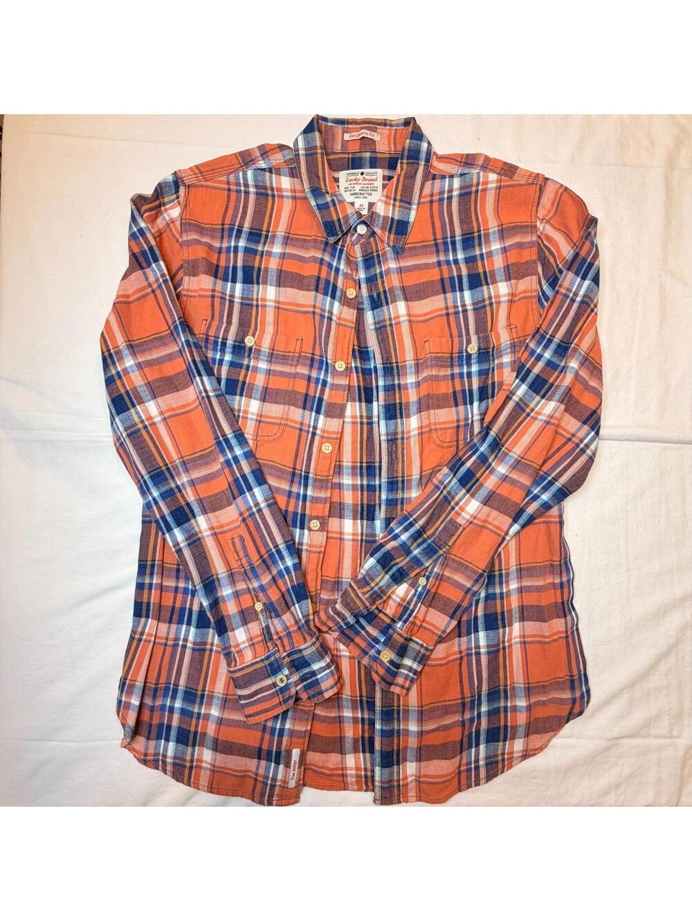 Vintage Lucky Brand Men's Long Sleeve Cotton Orange Multi Plaid Shirt Sz M